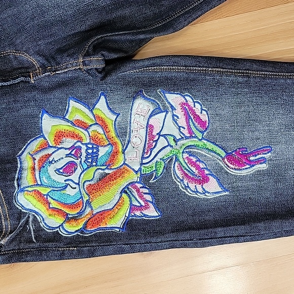 Ed Hardy by Christian Audigier Embroidered Tattoo Raw Hem Jeans - Picture 5 of 12